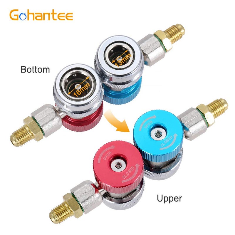 gohantee موصلات محول R134A، موصل سريع قابل للتعديل R134a عالي ومنخفض، مجموعة تحويل خرطوم مقياس مانيفولد تكييف الهواء، 1/4 SAE HVAC مع محول نحاسي 1/4'' أنثوي و 1/2 ذكر - Image 2